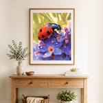 Finished ladybug on spring blooms cross stitch artwork displayed as home decor