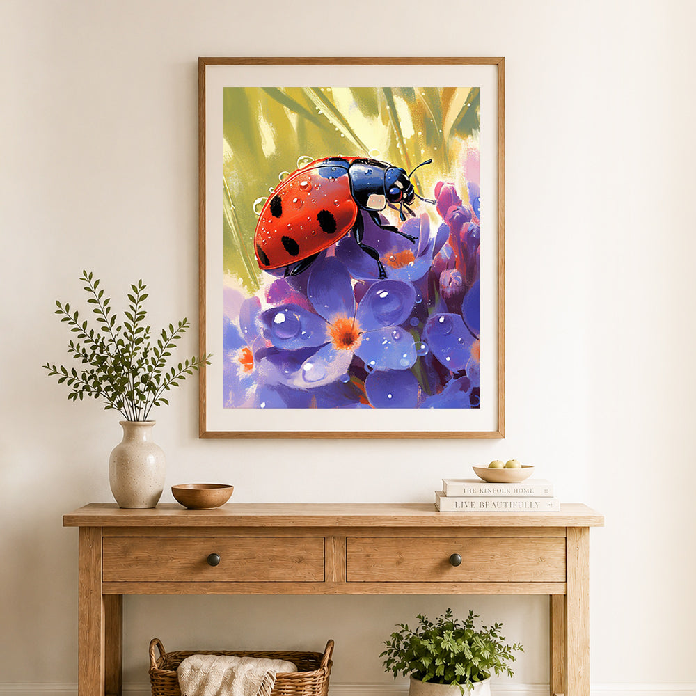 Finished ladybug on spring blooms cross stitch artwork displayed as home decor
