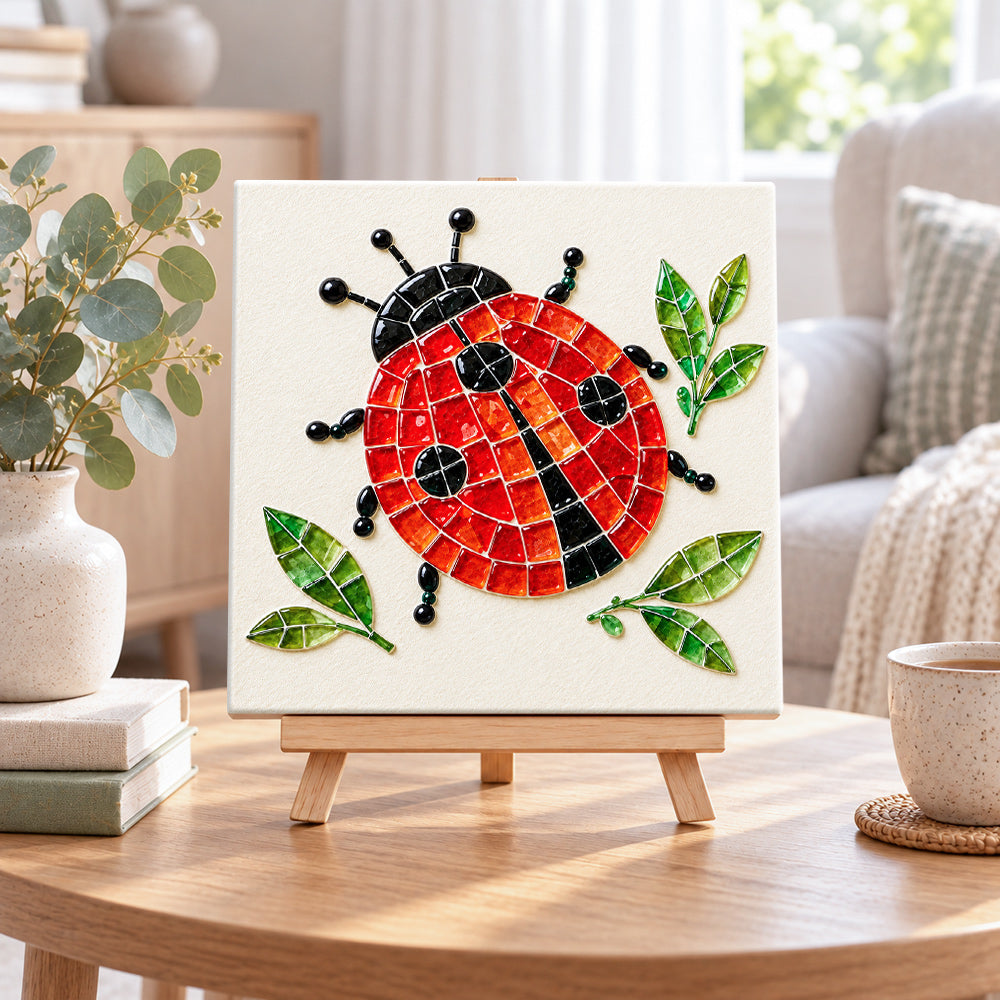 Ladybug sea glass art kit displayed as seasonal home decor