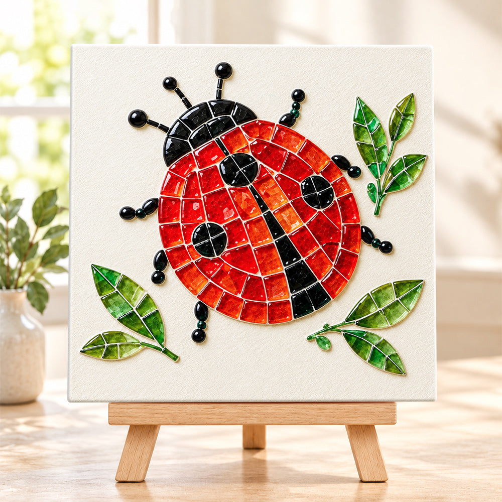 Ladybug sea glass art kit finished artwork on display