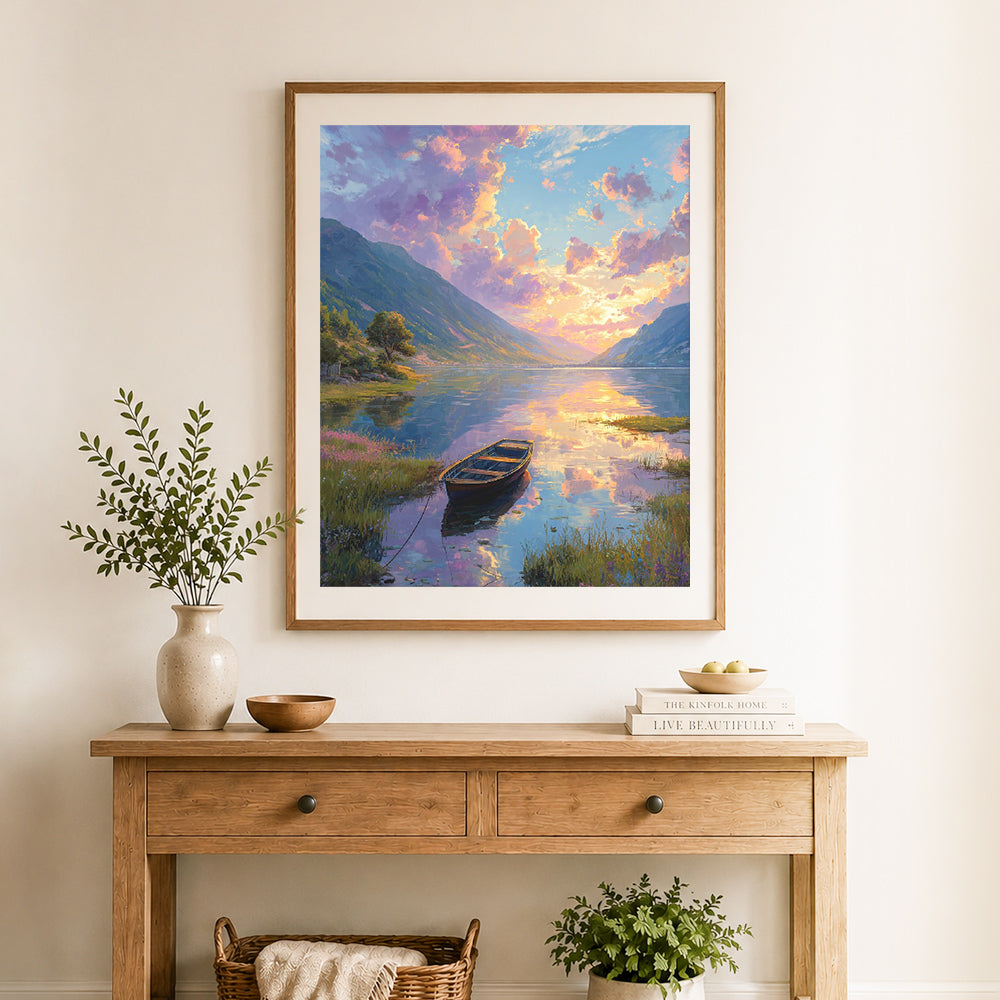 Finished lakeside boat at dusk cross stitch artwork displayed as home decor