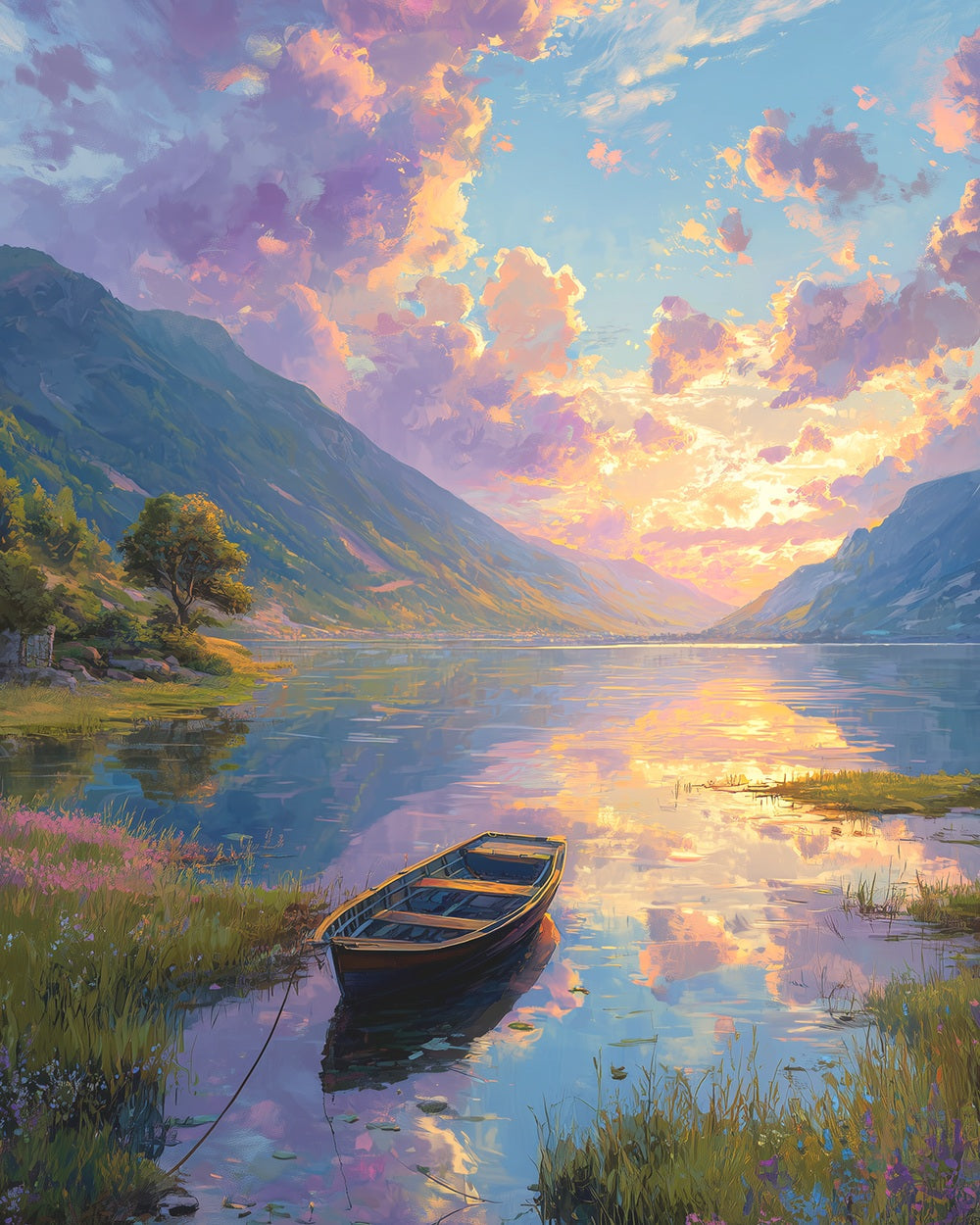 Lakeside boat at dusk cross stitch kit for beginners