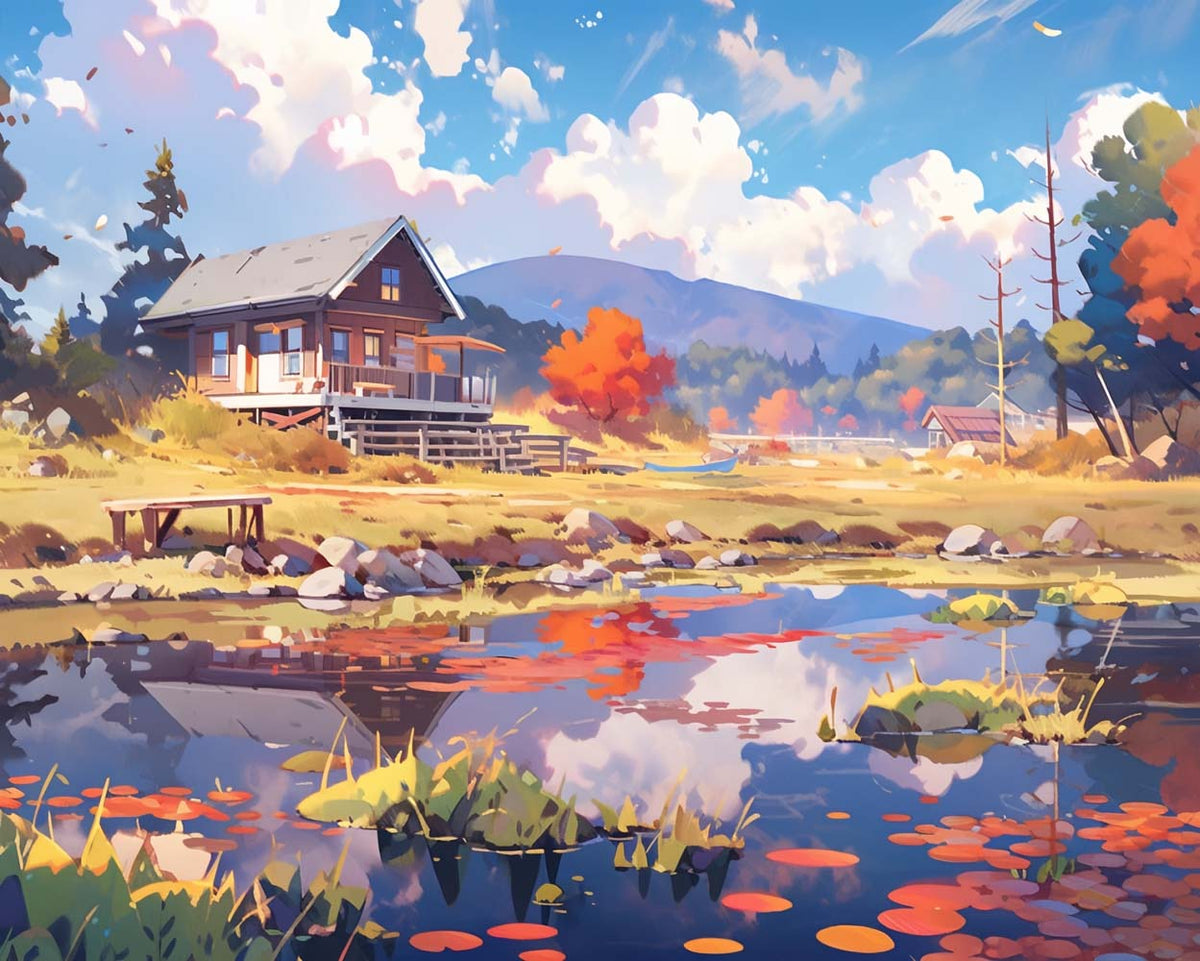 Lakeside cabin in autumn cross stitch kit for beginners