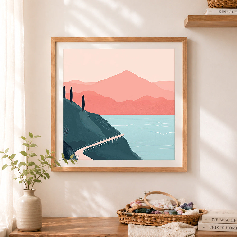 Finished lakeside mountain highway cross stitch artwork displayed as home decor