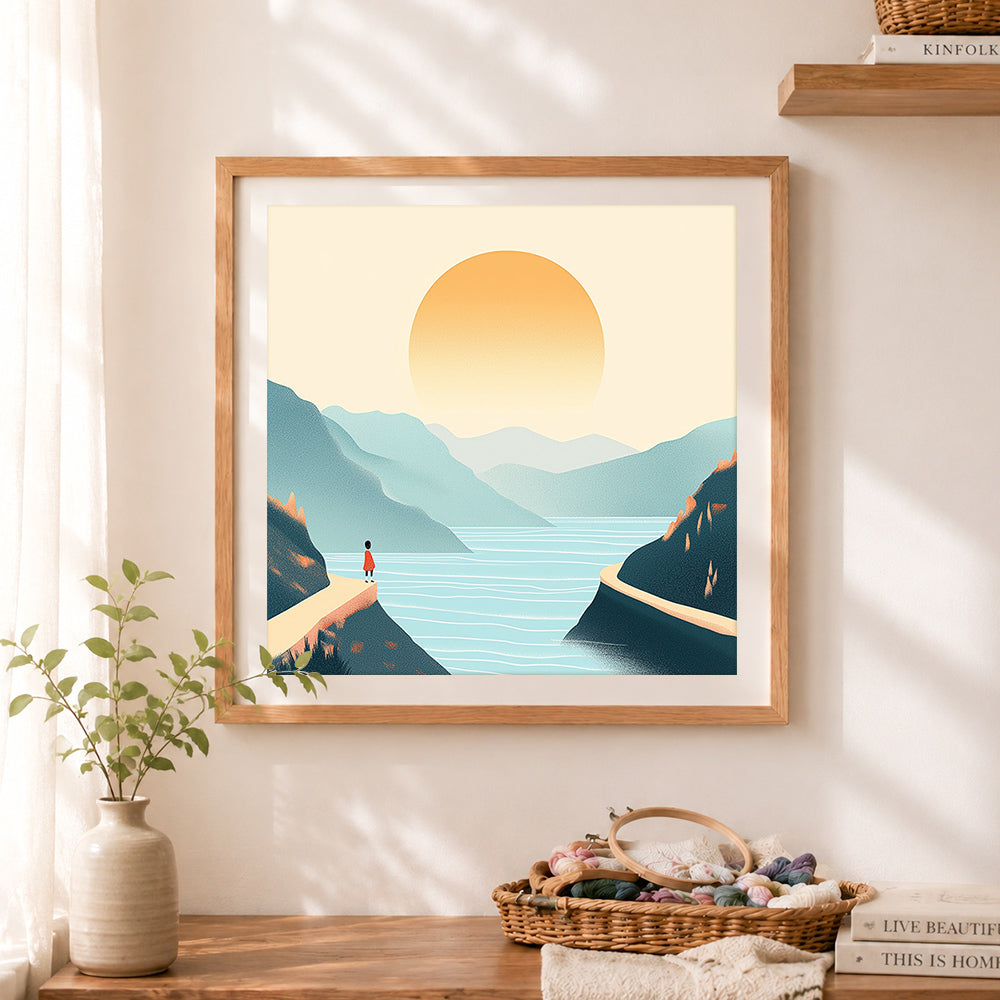 Finished lakeside overlook at sunset cross stitch artwork displayed as home decor