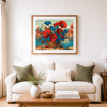 Finished lakeside poppy basket cross stitch artwork displayed as home decor