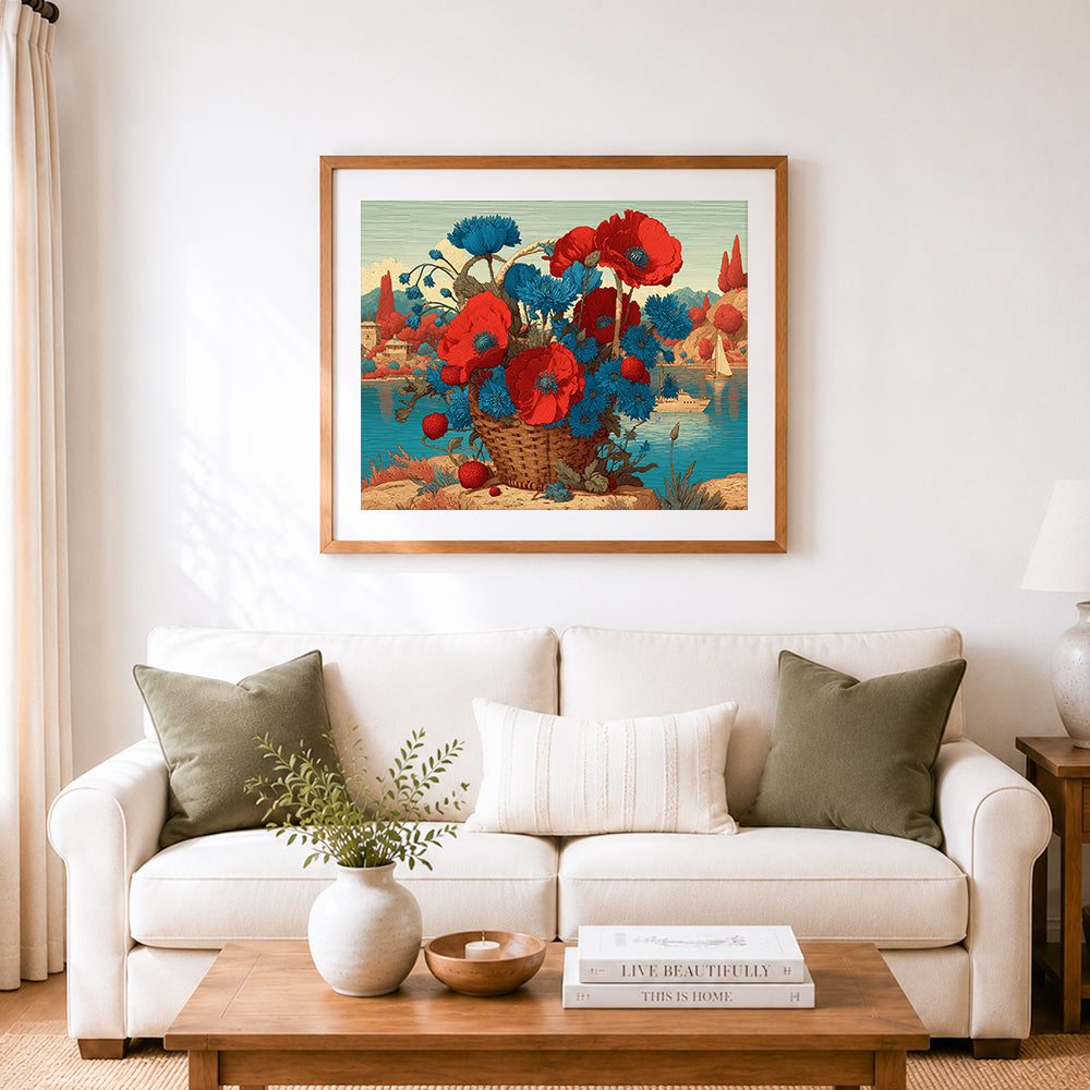 Finished lakeside poppy basket cross stitch artwork displayed as home decor