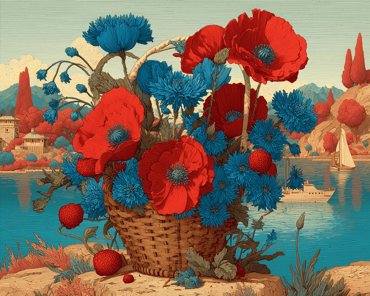 Lakeside poppy basket cross stitch kit for beginners