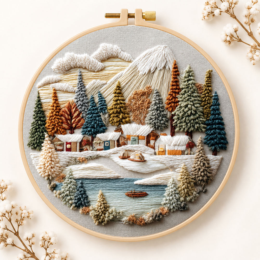 Lakeside snow town embroidery kit