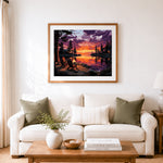 Finished lakeside sunset campfire with chairs cross stitch artwork displayed as home decor