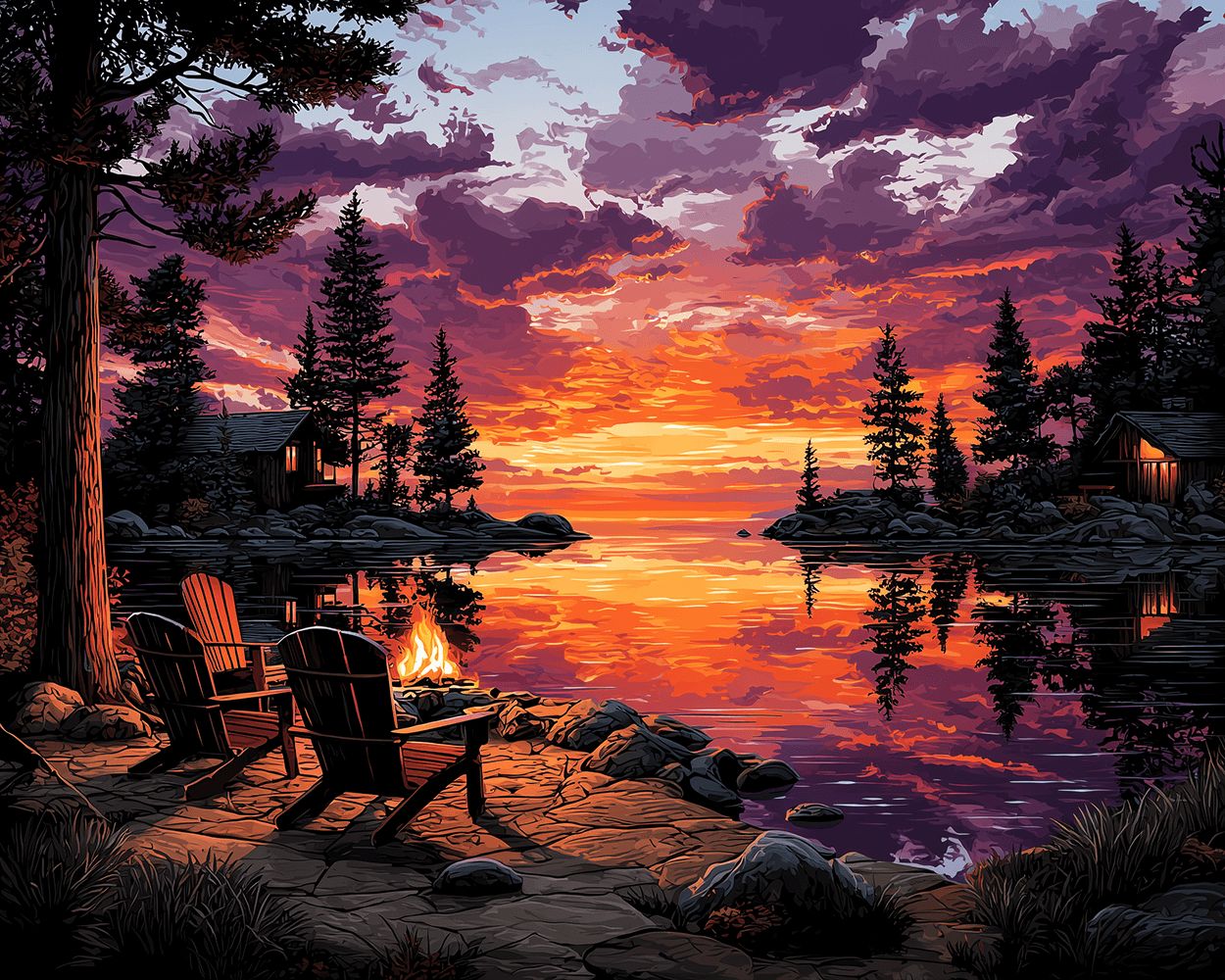Lakeside sunset campfire with chairs cross stitch kit for beginners