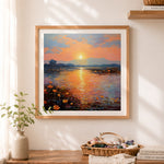 Finished lakeside sunset glow cross stitch artwork displayed as home decor