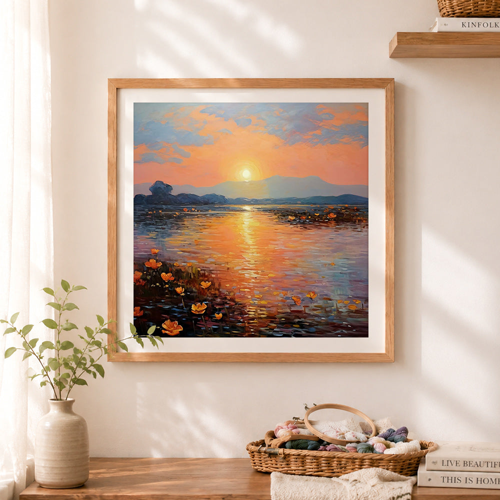Finished lakeside sunset glow cross stitch artwork displayed as home decor