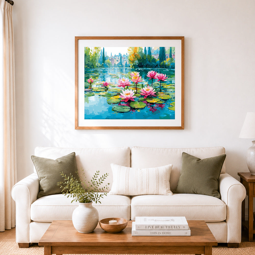 Finished lakeside water lily manor cross stitch artwork displayed as home decor