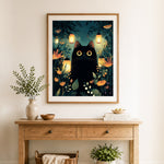 Finished lantern forest black cat cross stitch artwork displayed as home decor