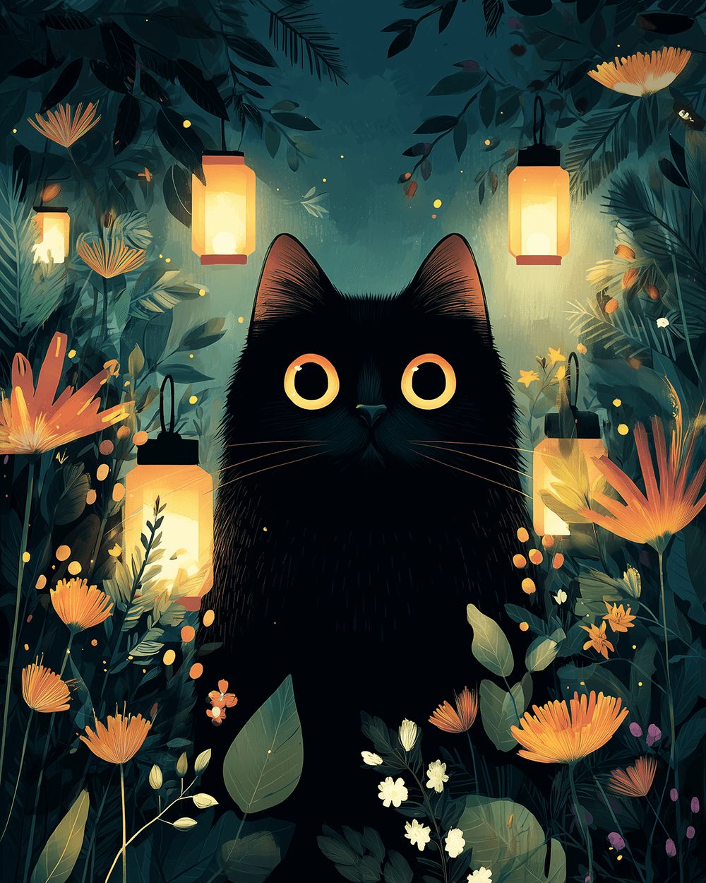 Lantern forest black cat cross stitch kit for beginners