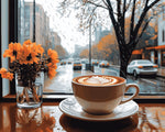 Latte by rainy city window cross stitch kit for beginners