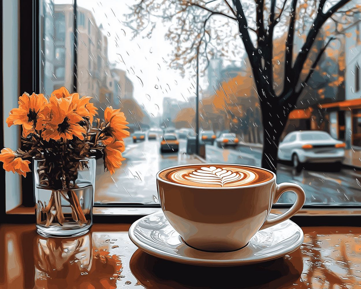Latte by rainy city window cross stitch kit for beginners