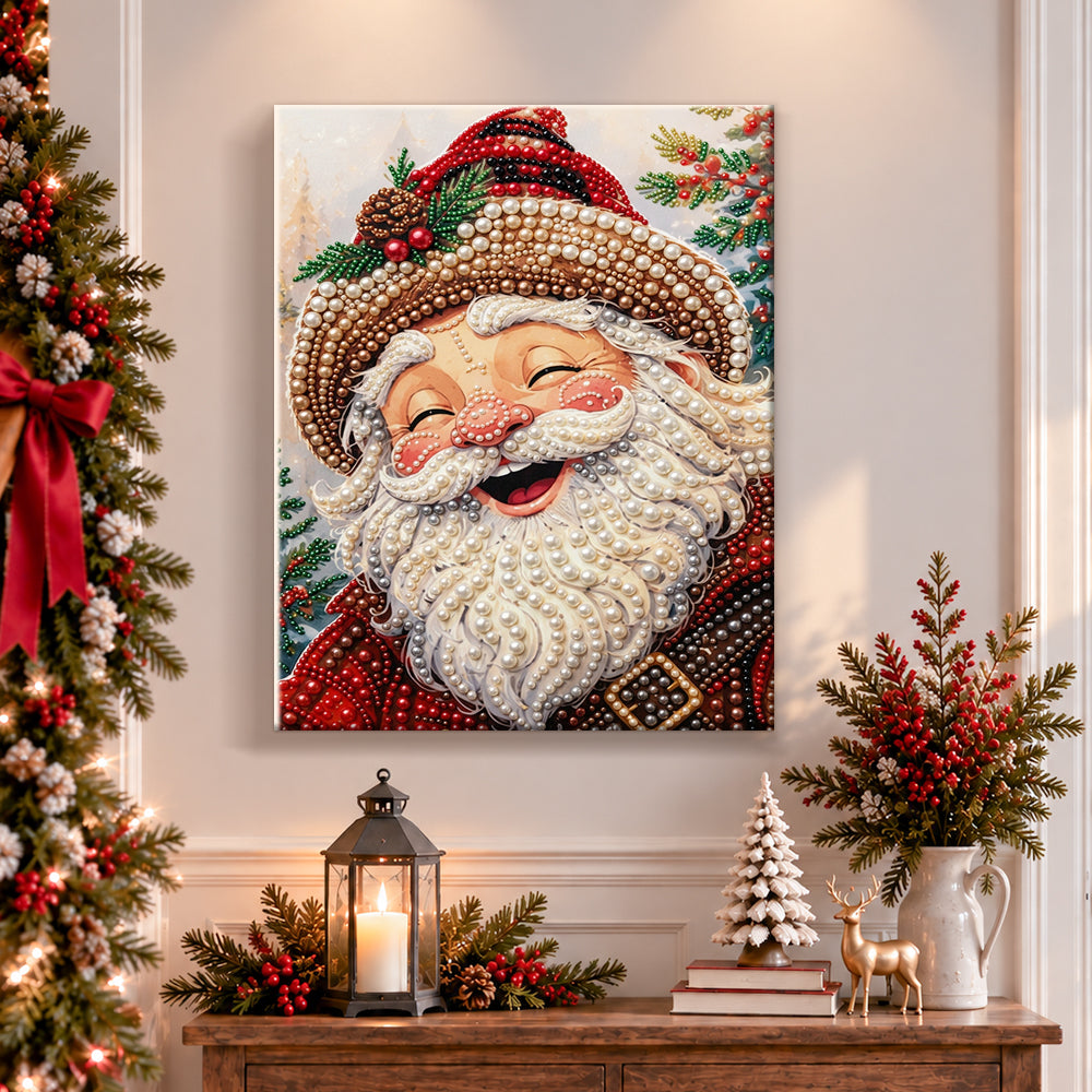Finished laughing santa claus pearl diamond painting artwork displayed as holiday home decor