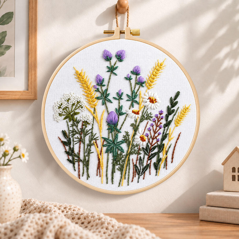 Lavender and wheat bouquet embroidery hoop wall art displayed as warm and cozy handmade home decor