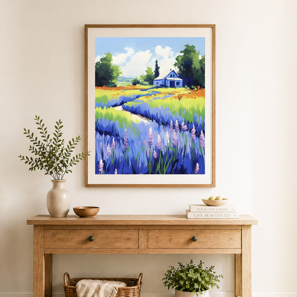 Finished lavender country cottage cross stitch artwork displayed as home decor
