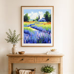 Finished lavender country cottage cross stitch artwork displayed as home decor