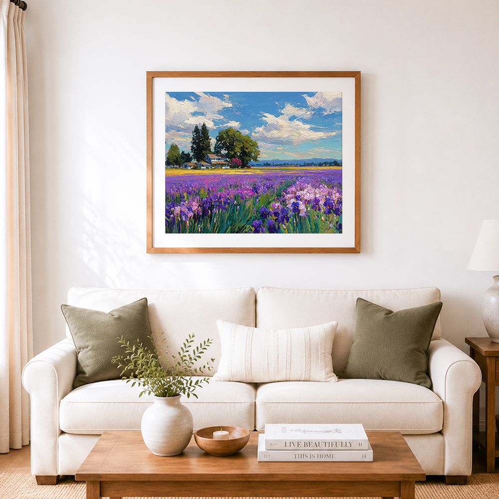 Finished lavender country farmland cross stitch artwork displayed as home decor