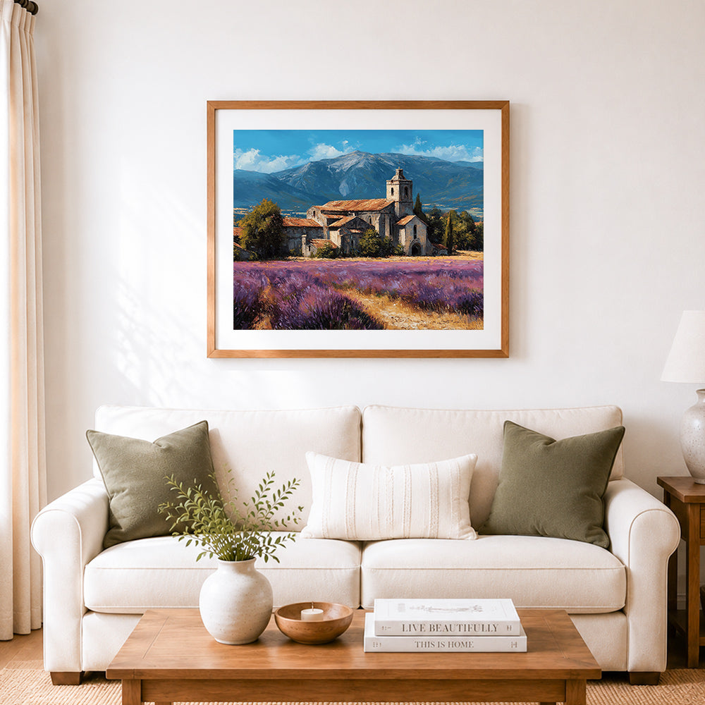 Finished lavender field old chapel cross stitch artwork displayed as home decor