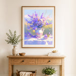 Finished lavender floral vase cross stitch artwork displayed as home decor