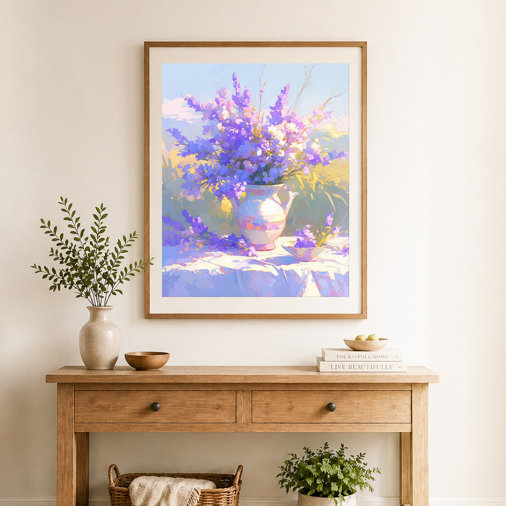 Finished lavender floral vase cross stitch artwork displayed as home decor