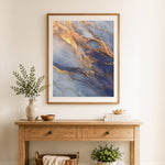 Finished lavender gold vein marble cross stitch artwork displayed as home decor