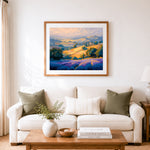 Finished lavender golden hills cross stitch artwork displayed as home decor