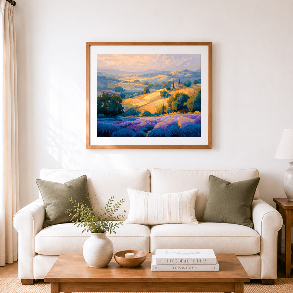 Finished lavender golden hills cross stitch artwork displayed as home decor