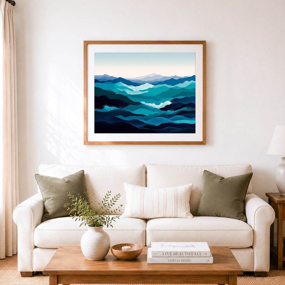 Finished layered blue ocean waves cross stitch artwork displayed as home decor