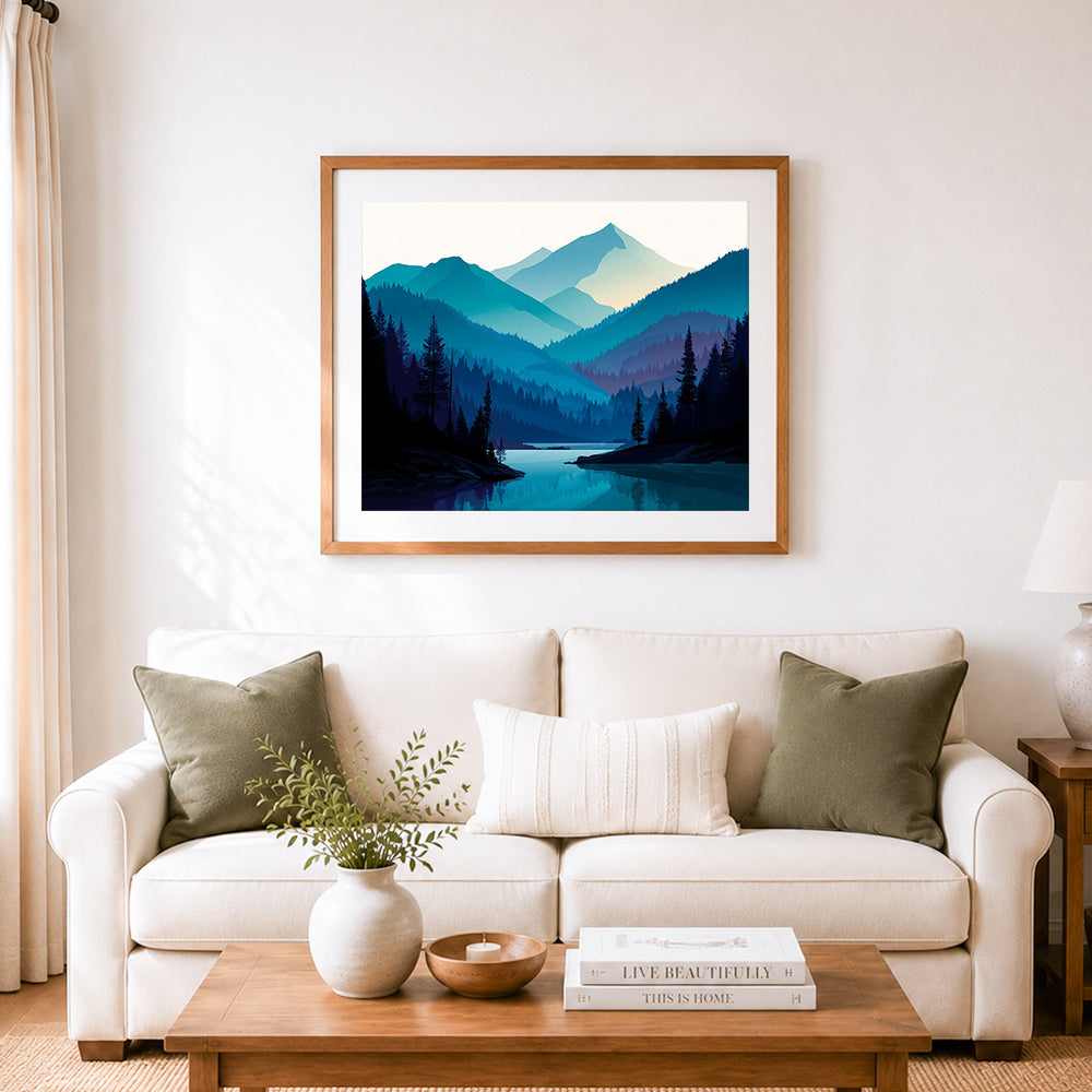 Finished layered mountain lake at dawn cross stitch artwork displayed as home decor
