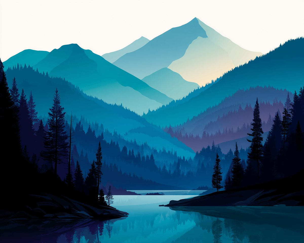 Layered mountain lake at dawn cross stitch kit for beginners