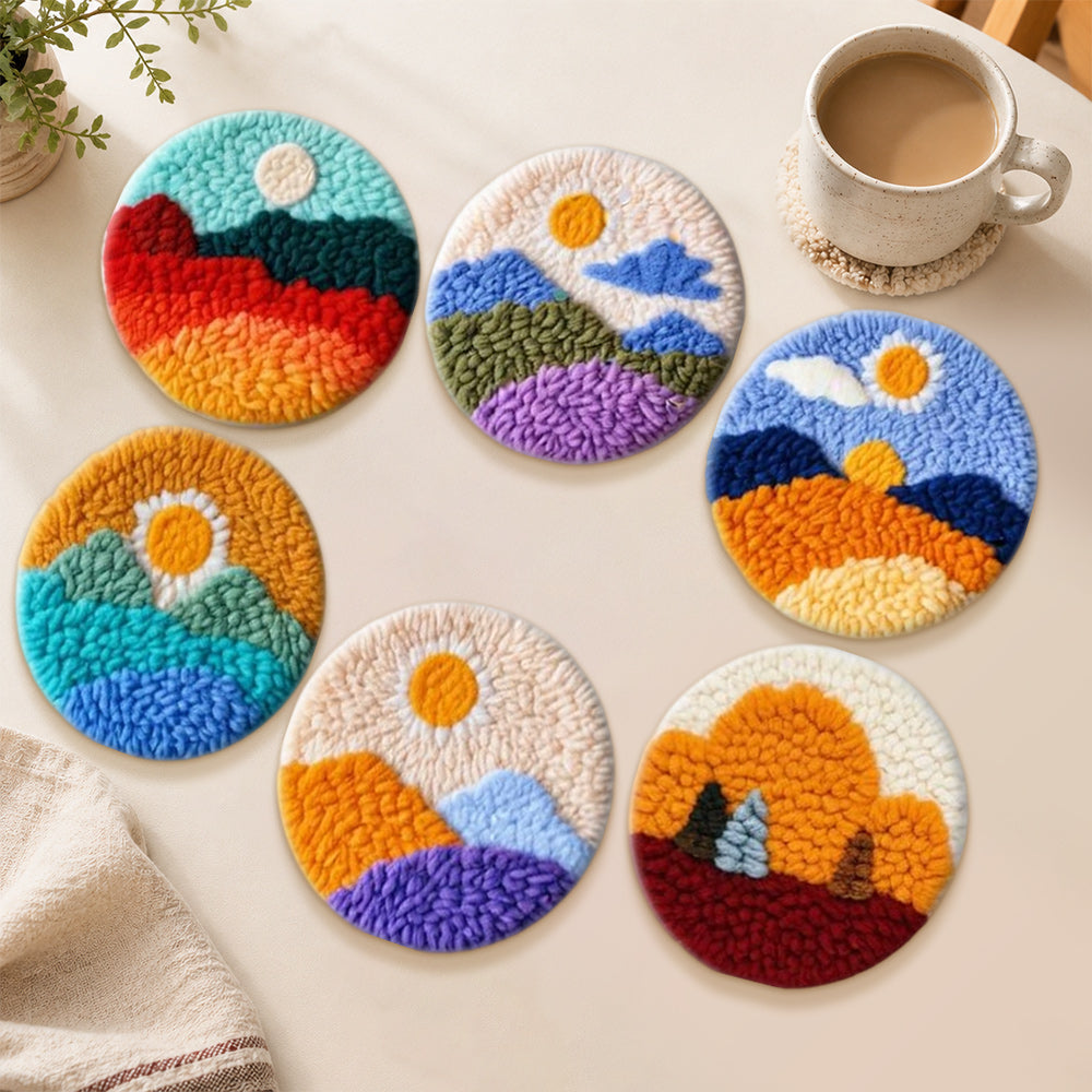 Layered sunrise mountains punch needle coasters used for home decoration