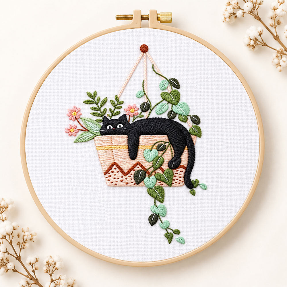 Lazy cat in hanging planter embroidery kit