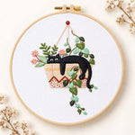 Lazy cat in hanging planter embroidery kit