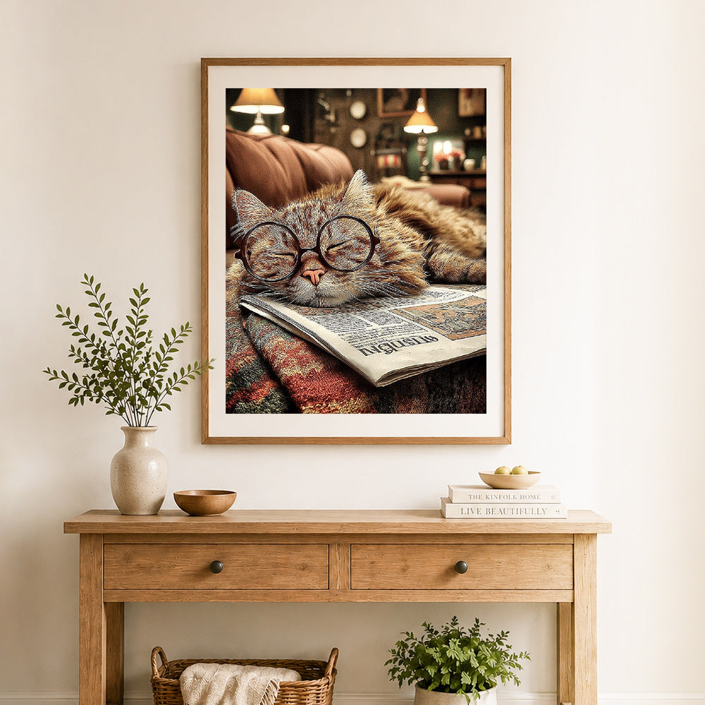 Finished lazy reading cat cross stitch artwork displayed as home decor