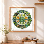 Finished leaf mandala art cross stitch artwork displayed as home decor