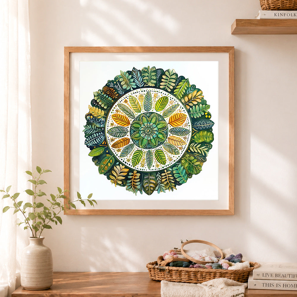 Finished leaf mandala art cross stitch artwork displayed as home decor