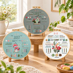 Learn basic hand stitching embroidery kit finished hoop displayed on a wooden stand as cozy tabletop decor