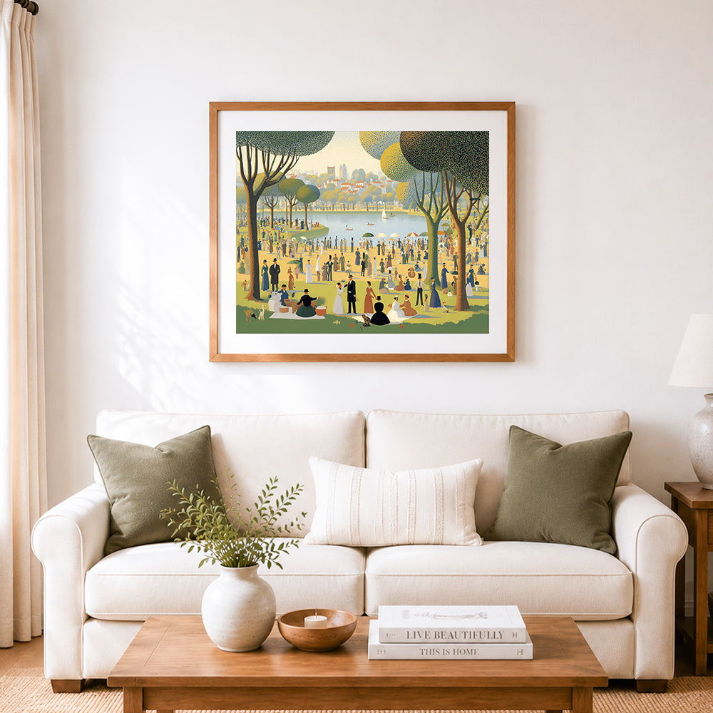 Finished leisurely park afternoon cross stitch artwork displayed as home decor