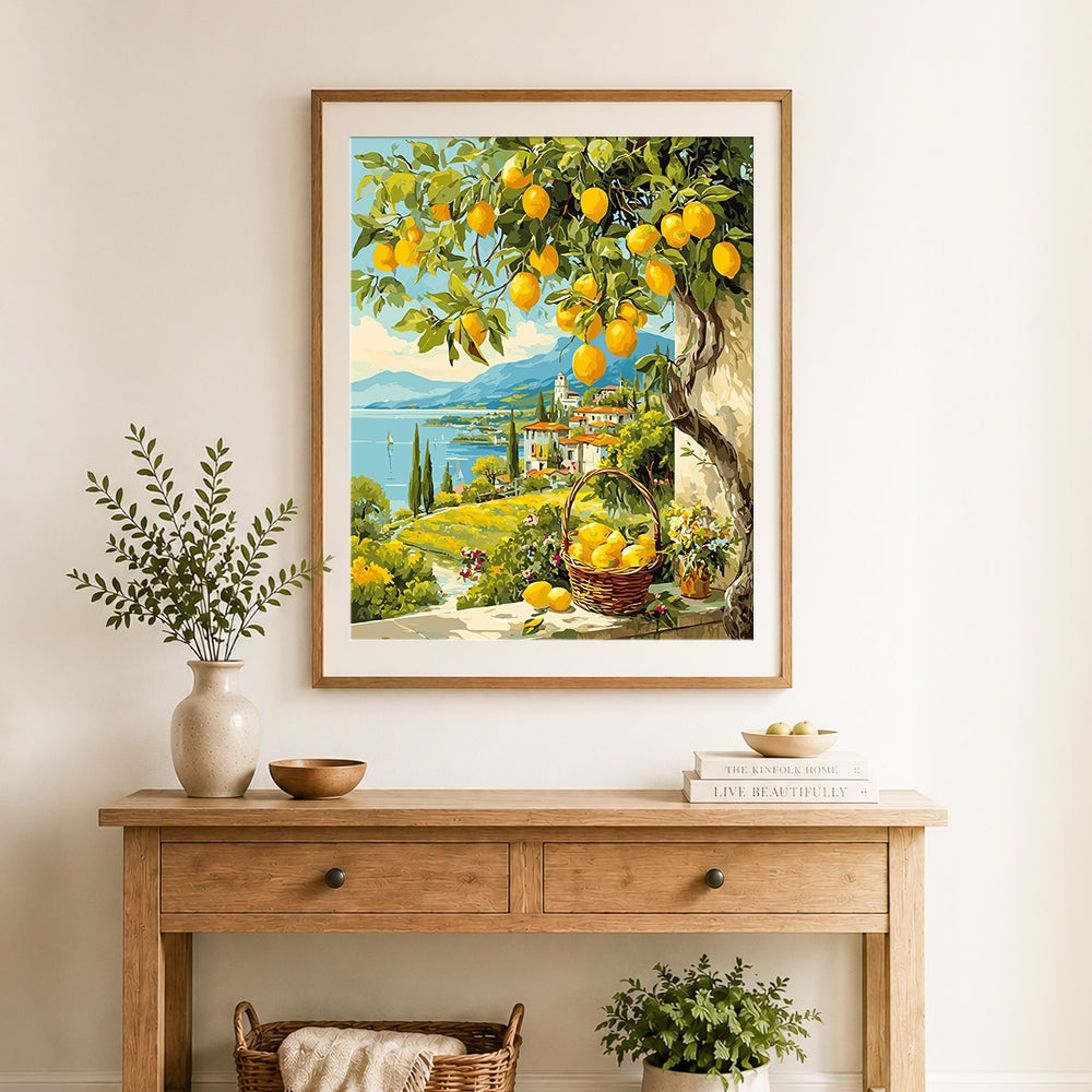 Finished lemon tree and basket by the lake cross stitch artwork displayed as home decor