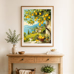 Finished lemon tree and basket by the lake cross stitch artwork displayed as home decor