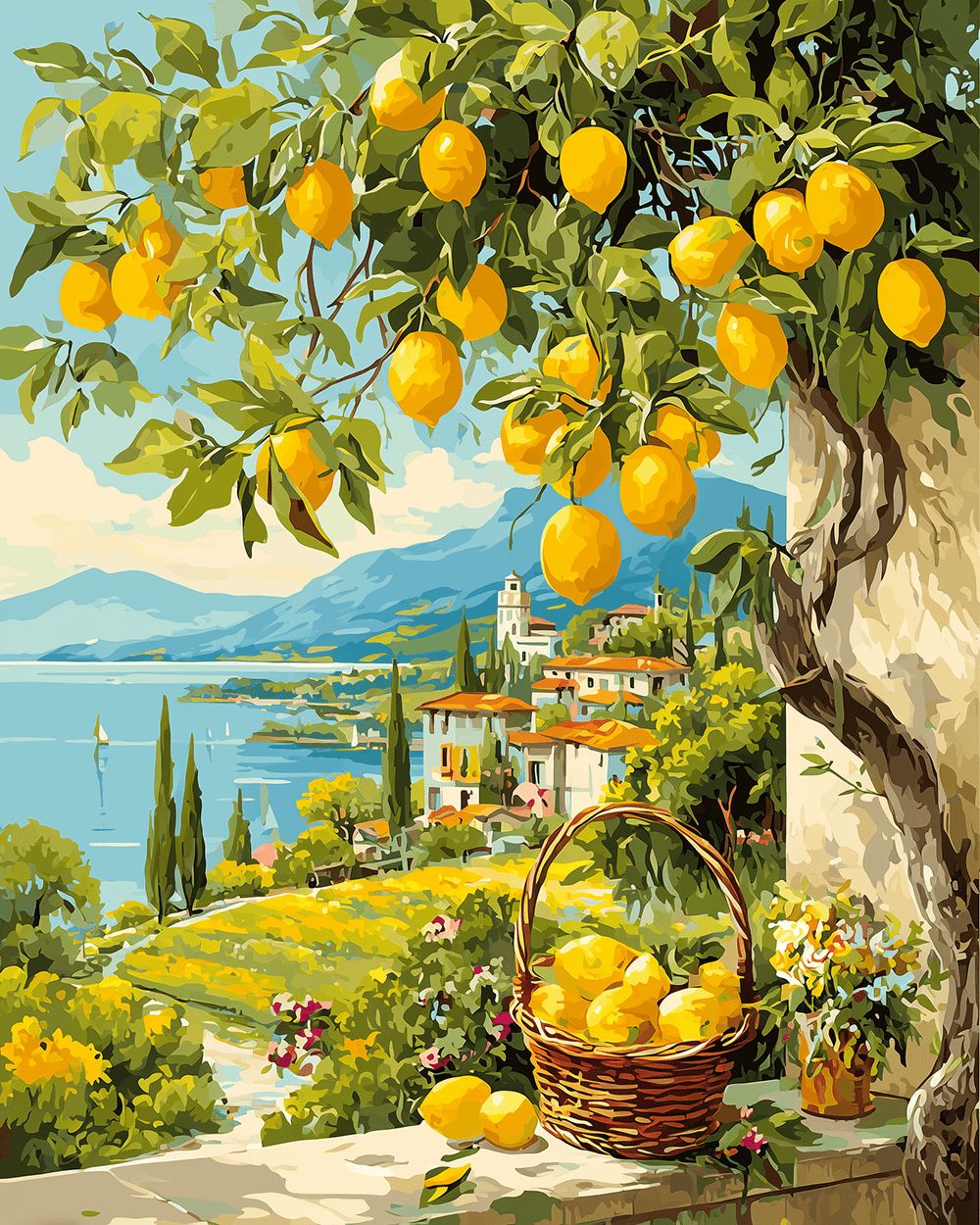 Lemon tree and basket by the lake cross stitch kit for beginners