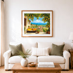 Finished lemon trees and valley view cross stitch artwork displayed as home decor