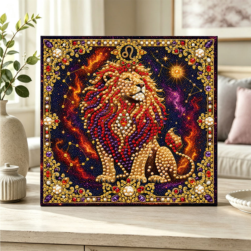 Finished leo lion pearl diamond painting artwork displayed as home decor