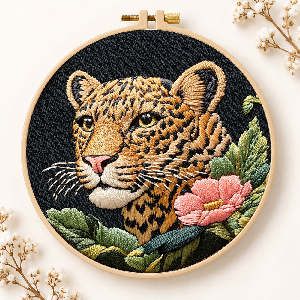 Leopard and pink wildflower embroidery kit